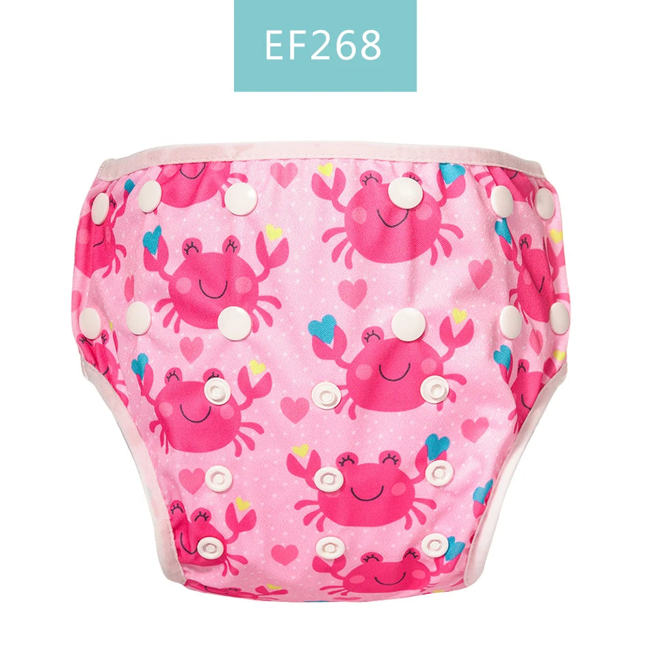 Baby Bubble reusable swim diapers with colorful animal print, designed for infants and toddlers for comfortable water play.