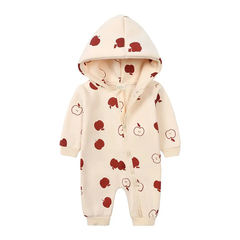 Baby Bubble cute cartoon print hooded zipper romper for babies, featuring colorful cartoon characters and soft fabric.