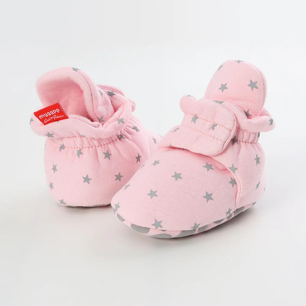 Baby Bubble baby first walker shoes with soft anti-slip star booties, featuring comfortable design and star pattern in the image.