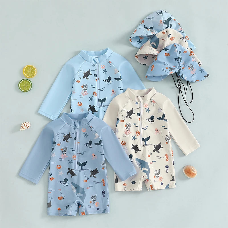 Baby Boy rash guard set with marine animal print from Baby Bubble, featuring colorful aquatic designs for sun protection.