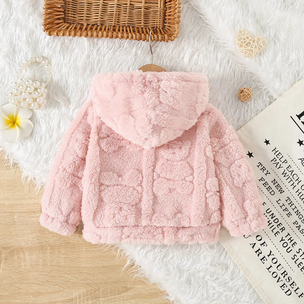 Baby girl princess pink fleece jacket with love pattern, toddler hooded coat, warm winter outwear from Baby Bubble.