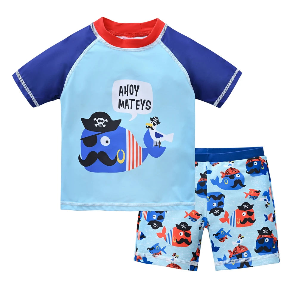 Boy wearing Baby Bubble boys' 2-piece swimsuit set with a colorful cool print, suitable for ages 1 to 7 years.