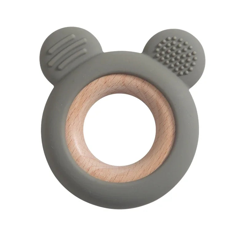 Baby Bubble silicone and wood teether ring, safe soothing chew toy for babies, with colorful silicone beads and natural wooden accents.