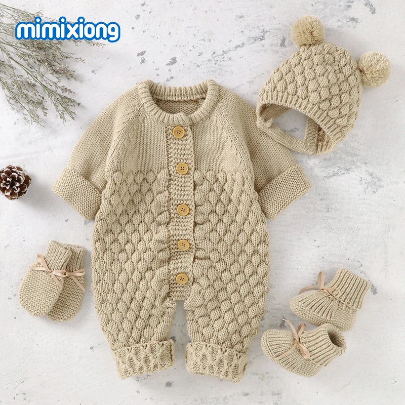 Baby Bubble knitted romper and cap set in cozy autumn/winter style, featuring soft knit fabric and matching cap for infants.