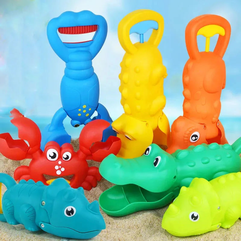 Kids beach sand toy set from Baby Bubble with colorful shovels, buckets, and molds for summer outdoor play.