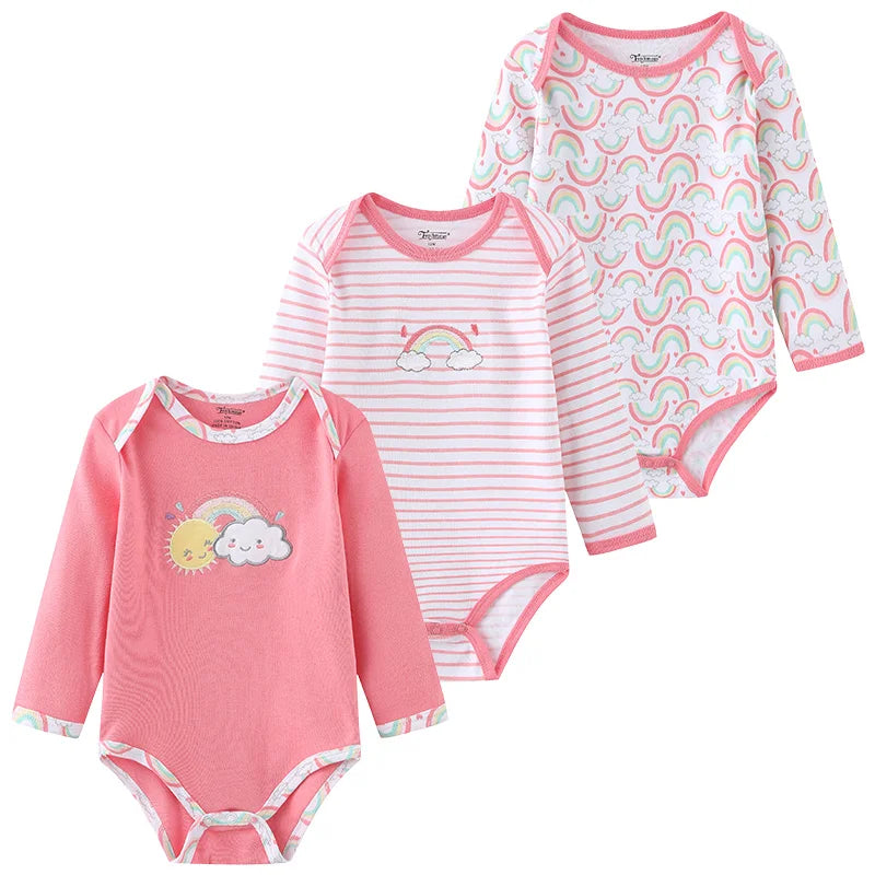 Set of three Baby Bubble newborn cotton bodysuits, soft and comfortable everyday onesies for infants, in pastel colors.
