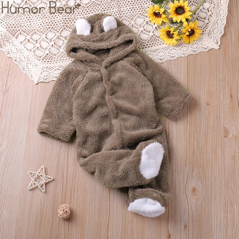 Baby Bubble Cartoon Bear Romper, cozy autumn playsuit with cute bear design, soft fabric, perfect for babies.