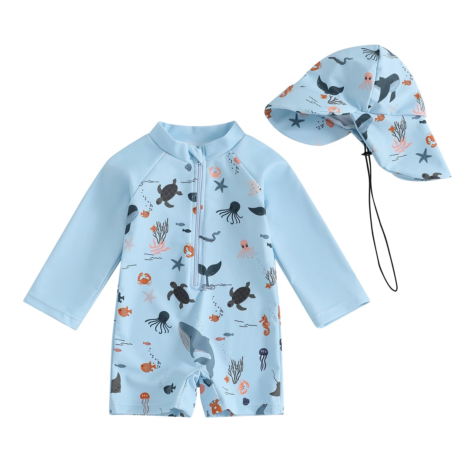 Baby boys rash guard set with marine animal print by Baby Bubble, featuring colorful marine creatures on lightweight, quick-dry fabric.
