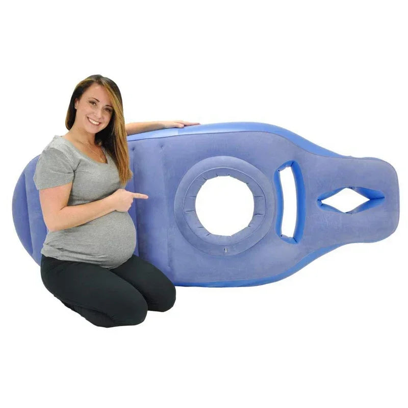 Inflatable pregnancy body pillow by Baby Bubble designed for restful side sleeping, shown inflated with supportive shape.