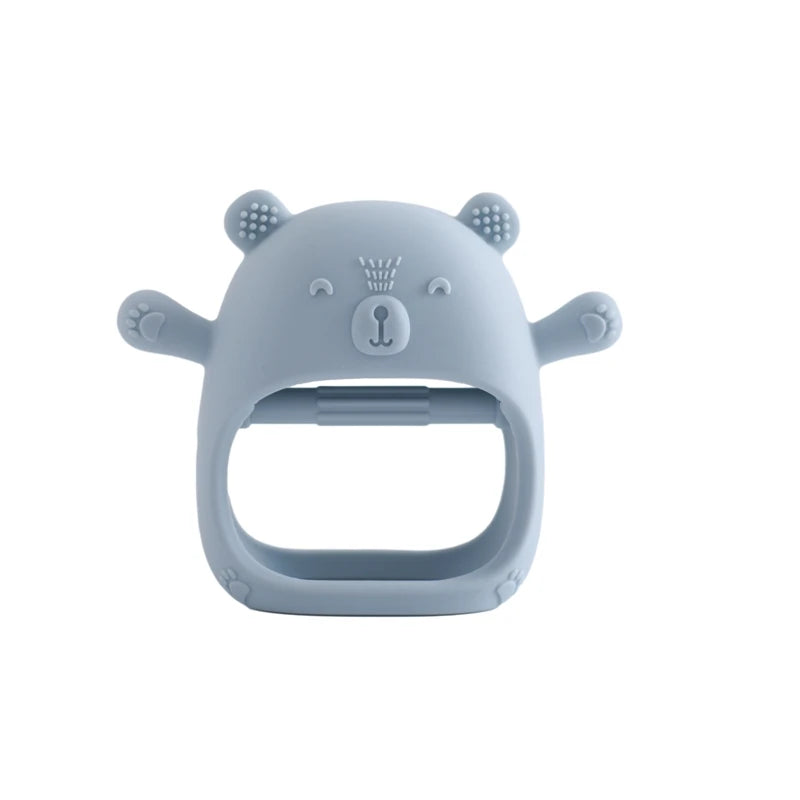 Baby Bubble BPA-free silicone baby teether glove with textured gum relief for soothing sore gums, shown in close-up.