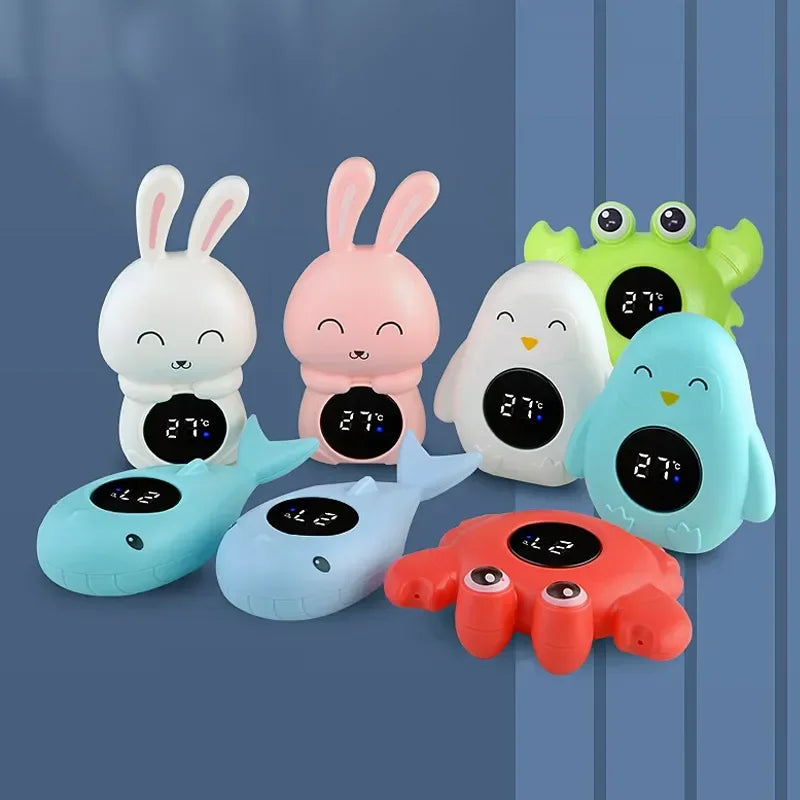 Baby Bubble floating digital bath thermometer displaying water temperature for safe baby bath water, with a blue and white design.