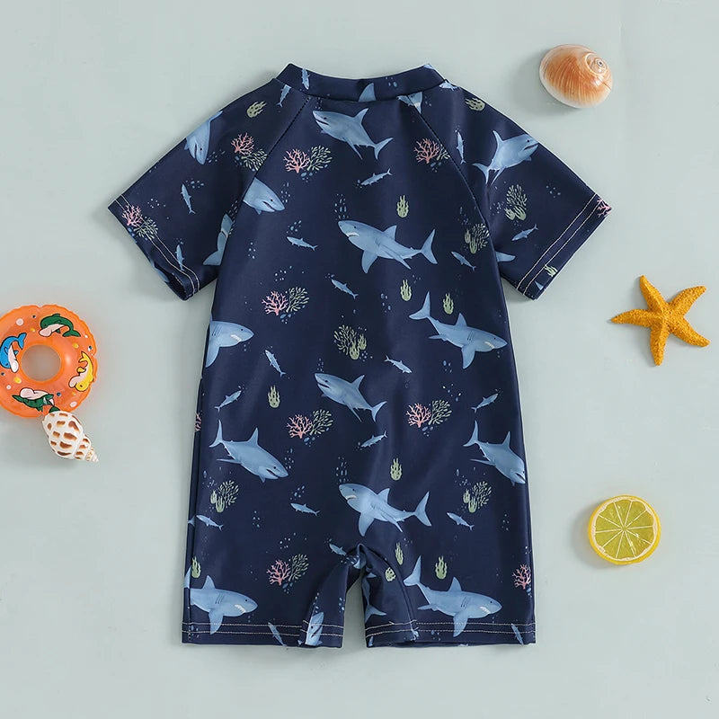 Baby Bubble shark print long sleeve zip-up rash guard for babies, featuring a fun shark design on lightweight, UV-protective fabric.
