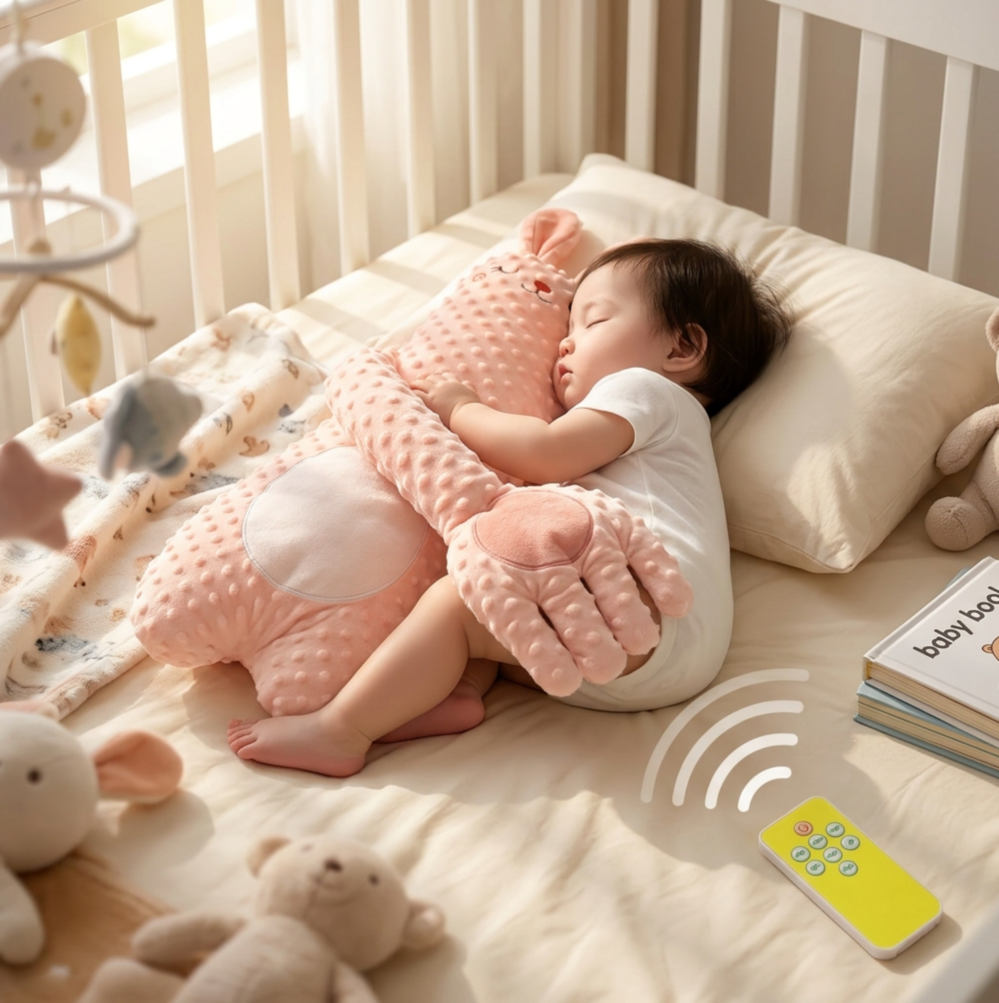 Baby Bubble bed sleep patting pillow with remote control, soft fabric cover and adjustable settings for soothing baby sleep.