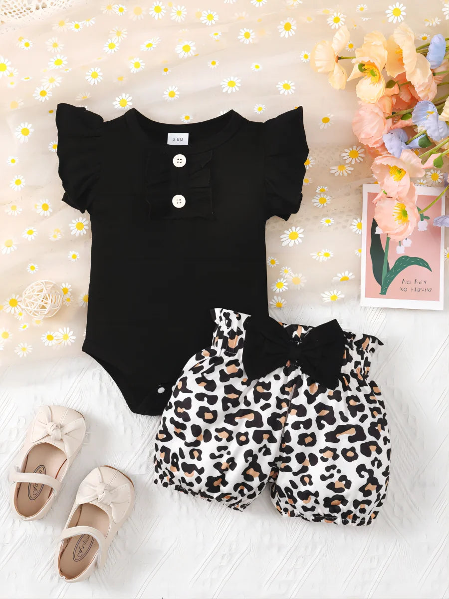 Baby Bubble summer baby jumpsuit set in leopard print, playful style, featuring comfortable fabric and cute design for infants.