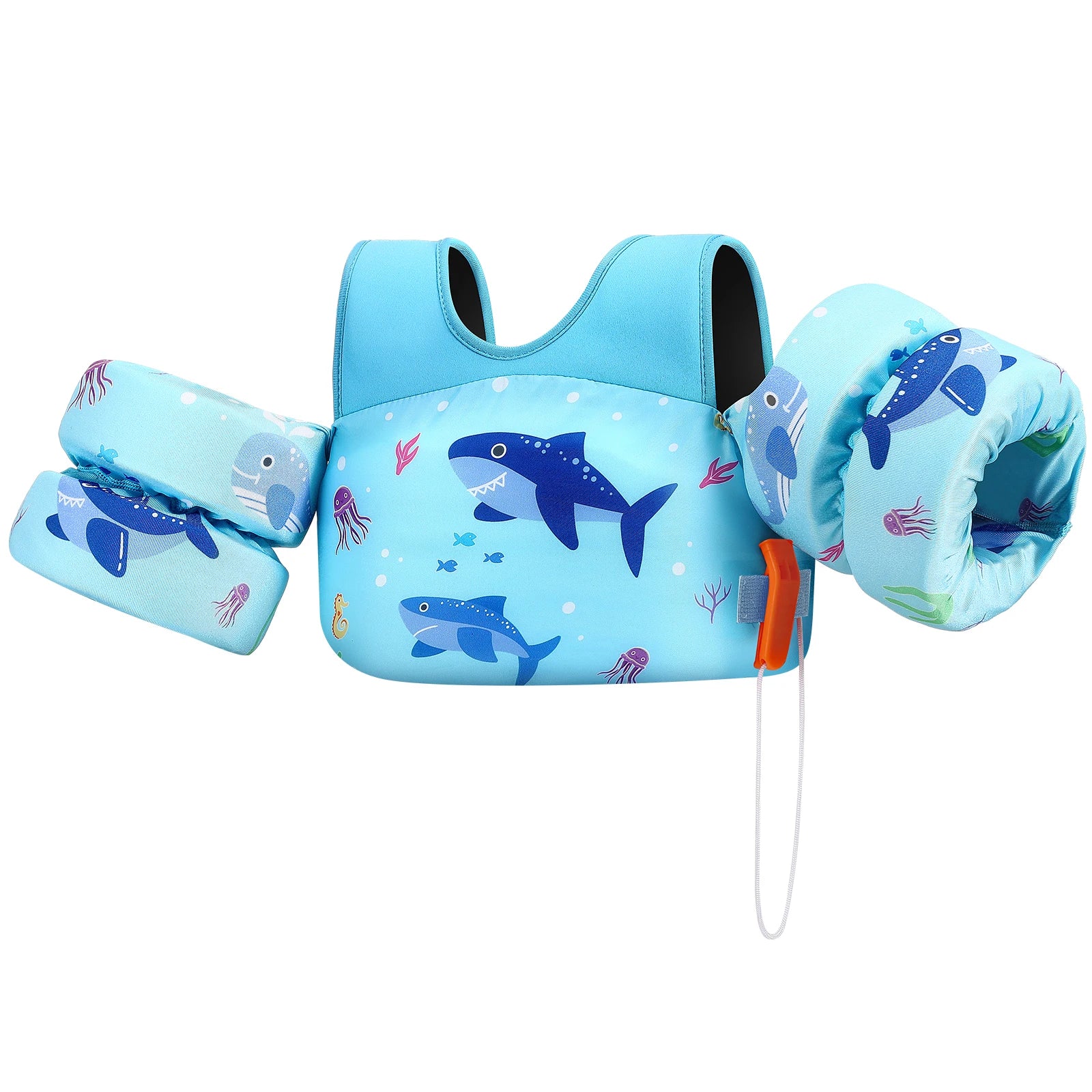 Baby Bubble kids' life vest with foam arm floats and safety whistle, designed for safety and buoyancy during water activities.