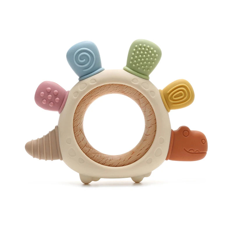 Baby Dinosaur Teether by Baby Bubble with easy-grip design and BPA-free material for soothing gum relief.