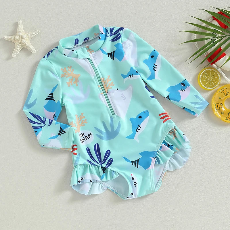 Girls long sleeve swimsuit with sea animal print by Baby Bubble, featuring colorful marine life design for summer swimming.