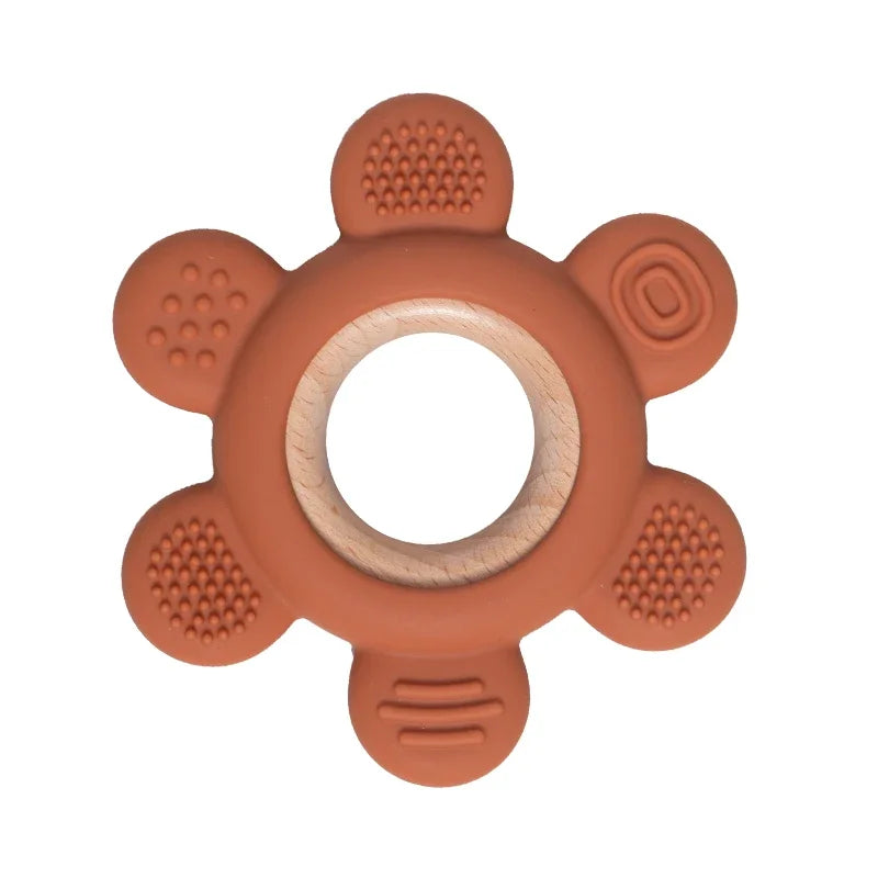 Baby Bubble silicone wood teether ring with smooth, natural wood and colorful silicone beads, designed for soothing and chewing.