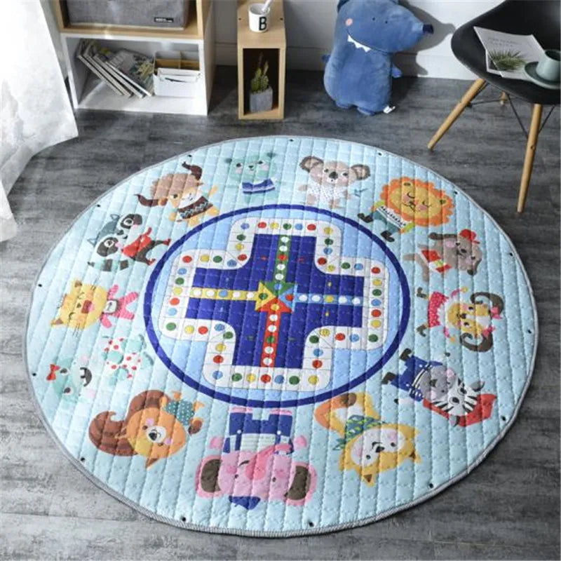 Round Kids Room Carpet by Baby Bubble featuring Nordic animal designs, 150cm play mat for children’s room decor and play area.