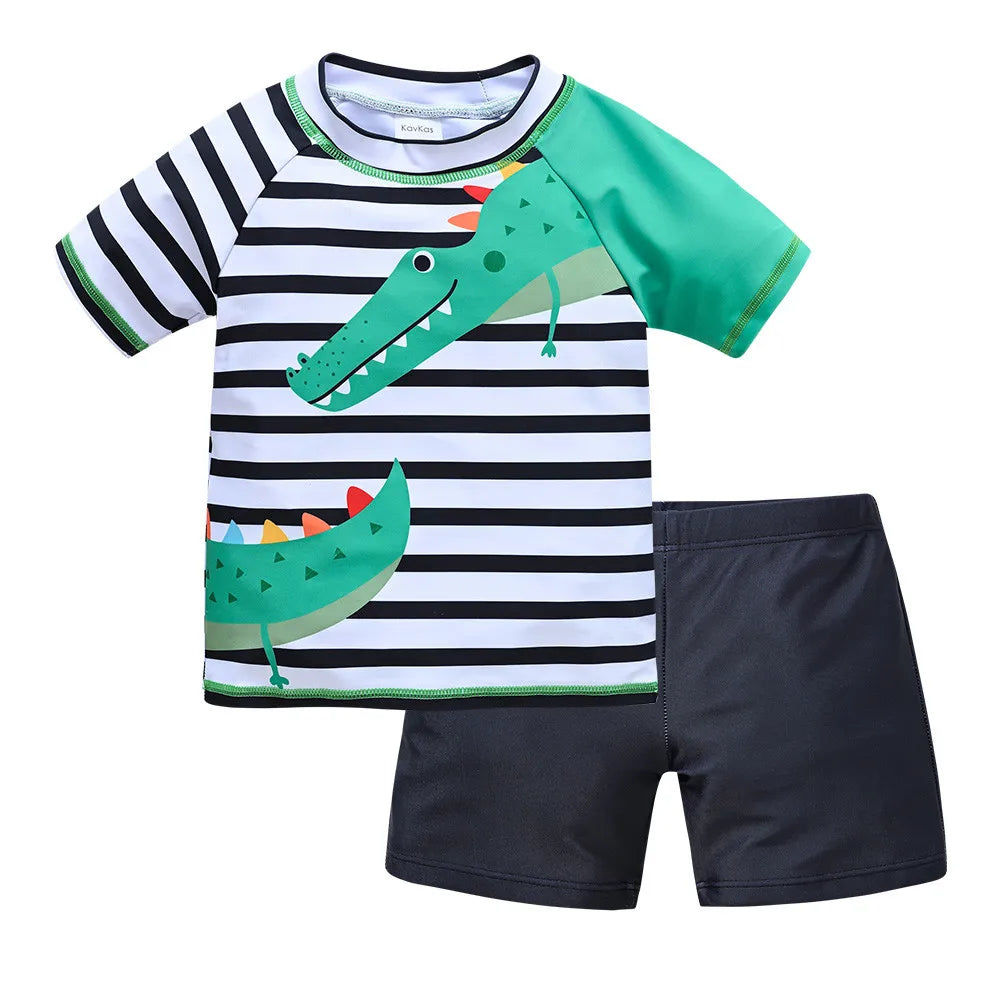 Boy's 2-piece swimsuit set by Baby Bubble featuring a colorful cool print, suitable for ages 1 to 7 years.