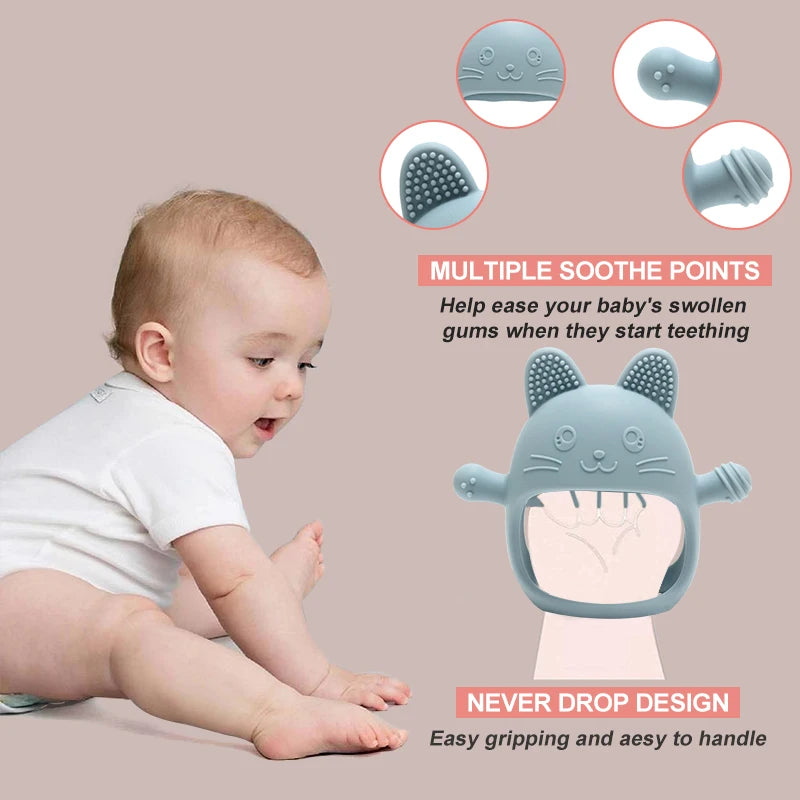 Baby Bubble silicone glove teether for soothing relief, flexible and soft for gentle chewing, designed for infants' comfort.
