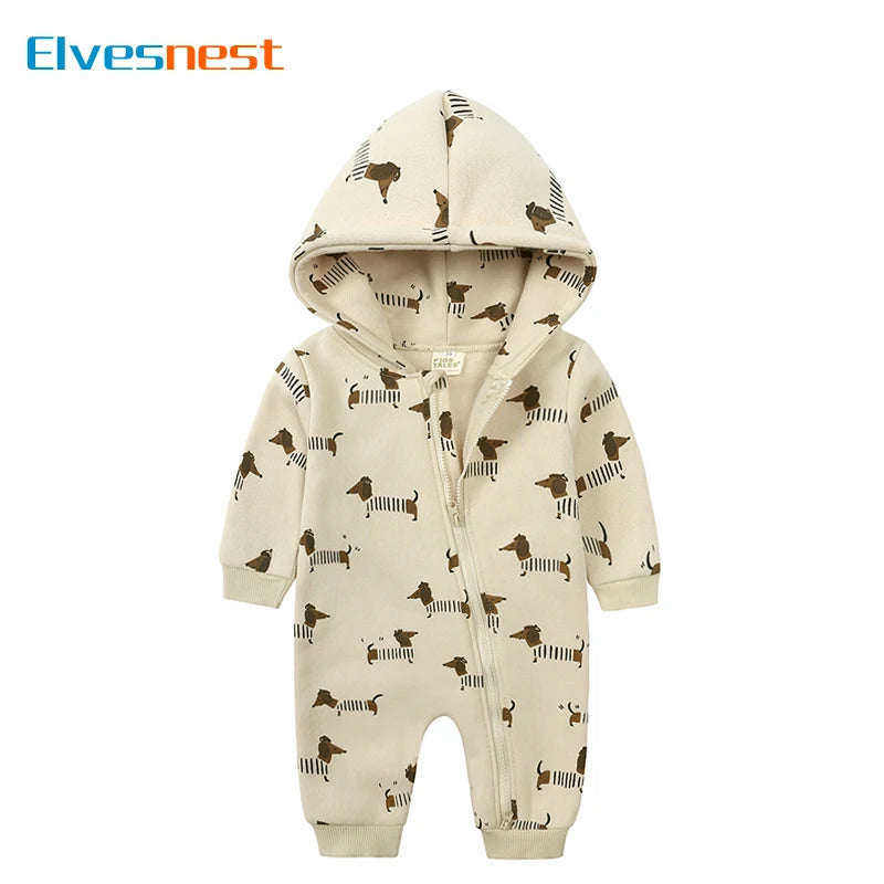 Baby Bubble baby hooded zipper romper with a cute cartoon print, featuring a soft fabric and adorable design for little ones.
