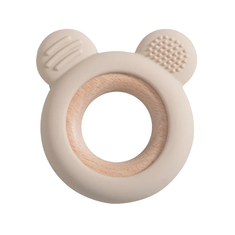 Baby Silicone Wood Teether Ring by Baby Bubble, safe and soothing chew toy with a silicone and wood design for infants.