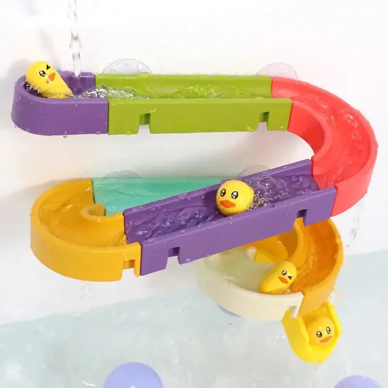 Baby Bubble DIY assembling track slide and water toys set with suction cups, suitable for bath time and bathtub play for children.