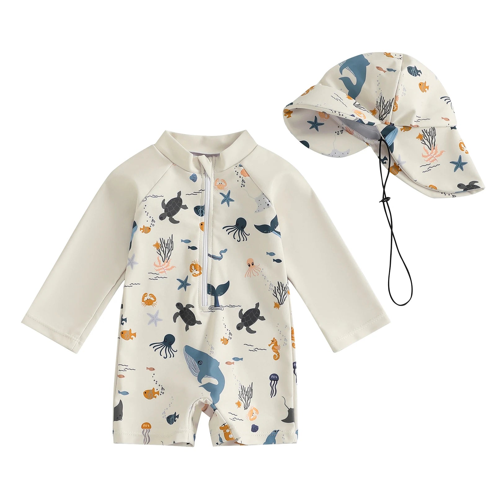 Baby Boy's rash guard set with marine animal print by Baby Bubble, featuring colorful sea creatures on lightweight swimwear.