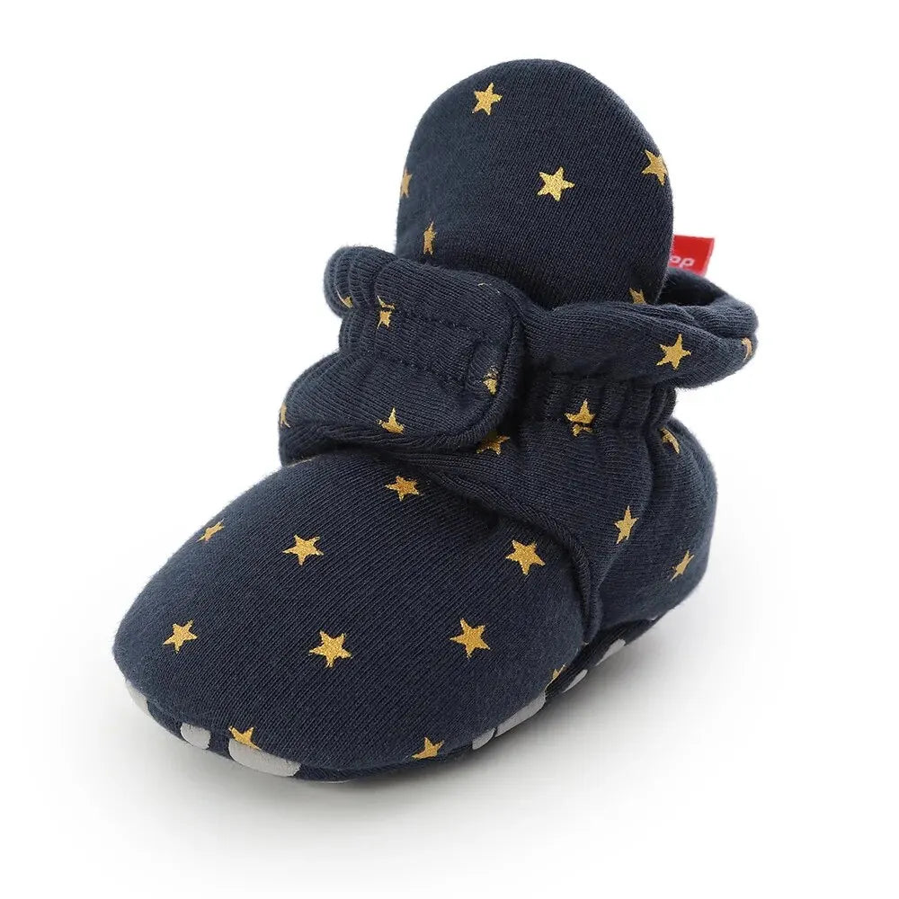 Baby Bubble soft anti-slip star booties for first walker shoes, featuring cute star designs and comfortable, flexible soles.