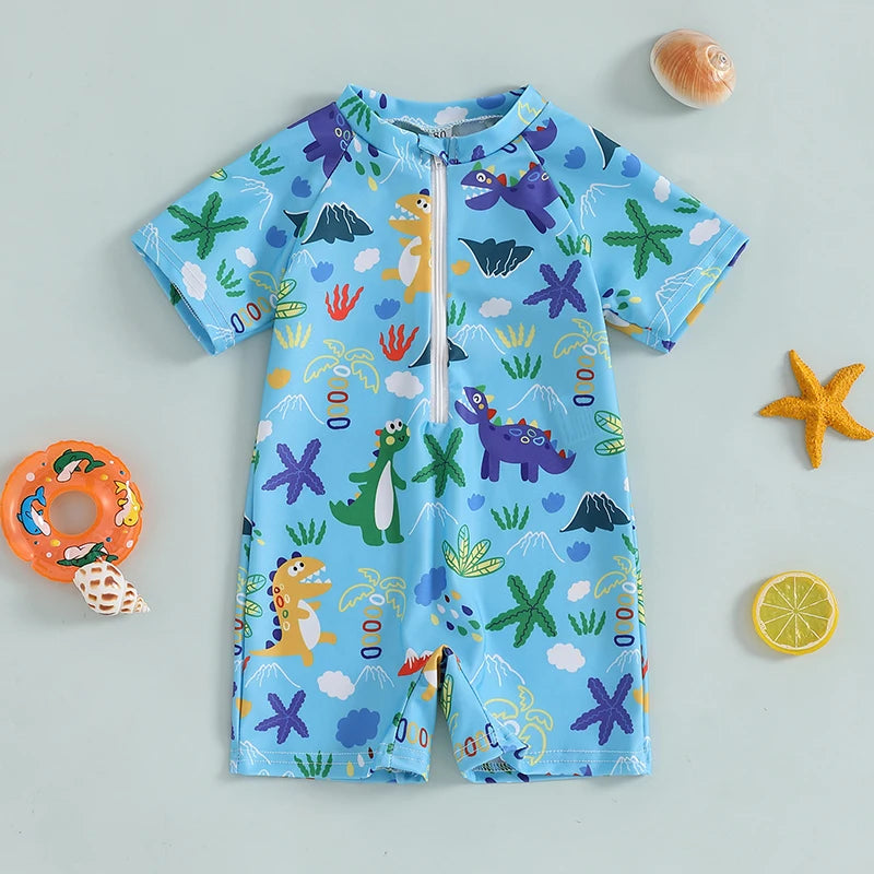 Baby Bubble shark print long sleeve zip-up rash guard for babies, lightweight and protective swimwear with fun shark design.