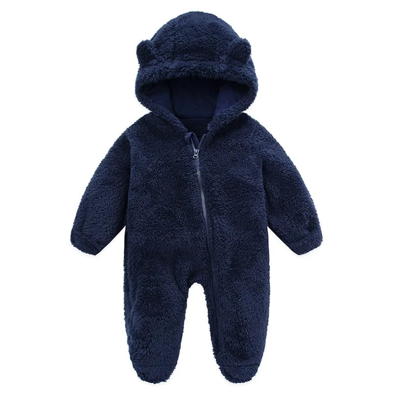 Baby Bubble baby hooded plush romper with soft, warm fabric, featuring a cozy hood and cute design for winter comfort.