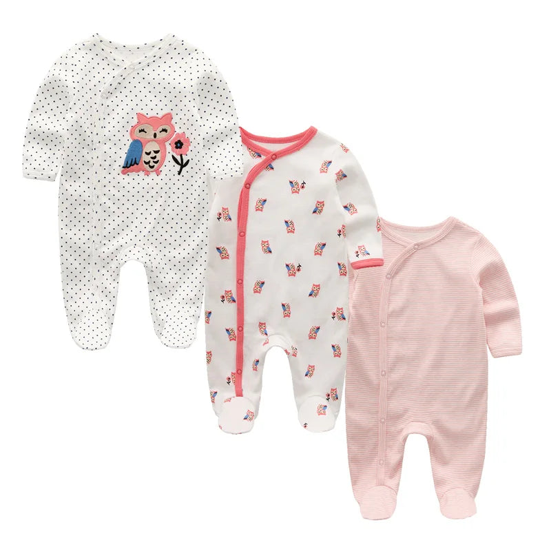 Three cozy autumn cotton baby rompers for newborns by Baby Bubble, featuring warm, soft fabric in a 3-pack.