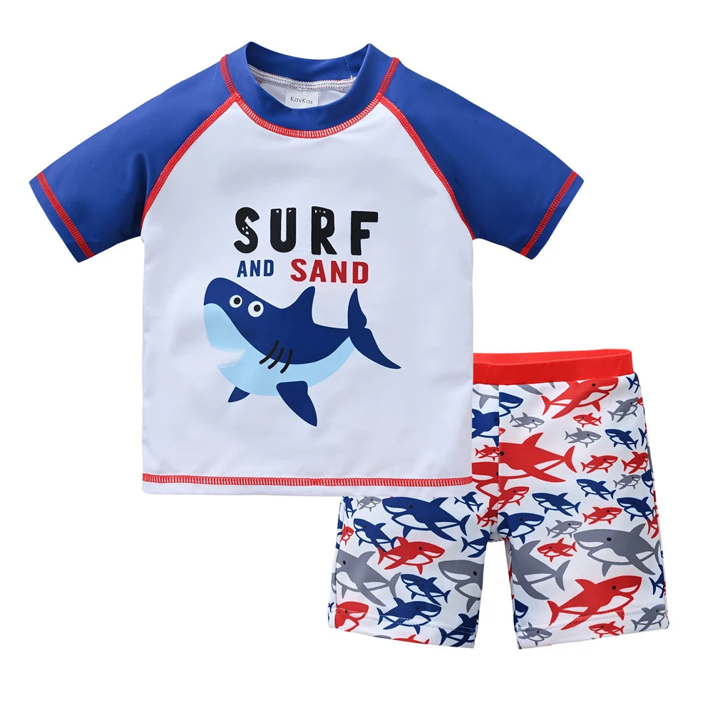 Baby Bubble boys' 2-piece swimsuit set with vibrant cool print for ages 1 to 7, featuring short sleeves and matching swim trunks.