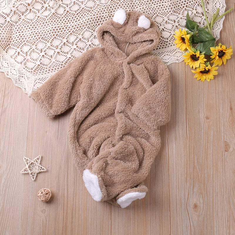 Baby Bubble cartoon bear romper featuring a cozy autumn playsuit design, with soft fabric and cute bear print for infants.