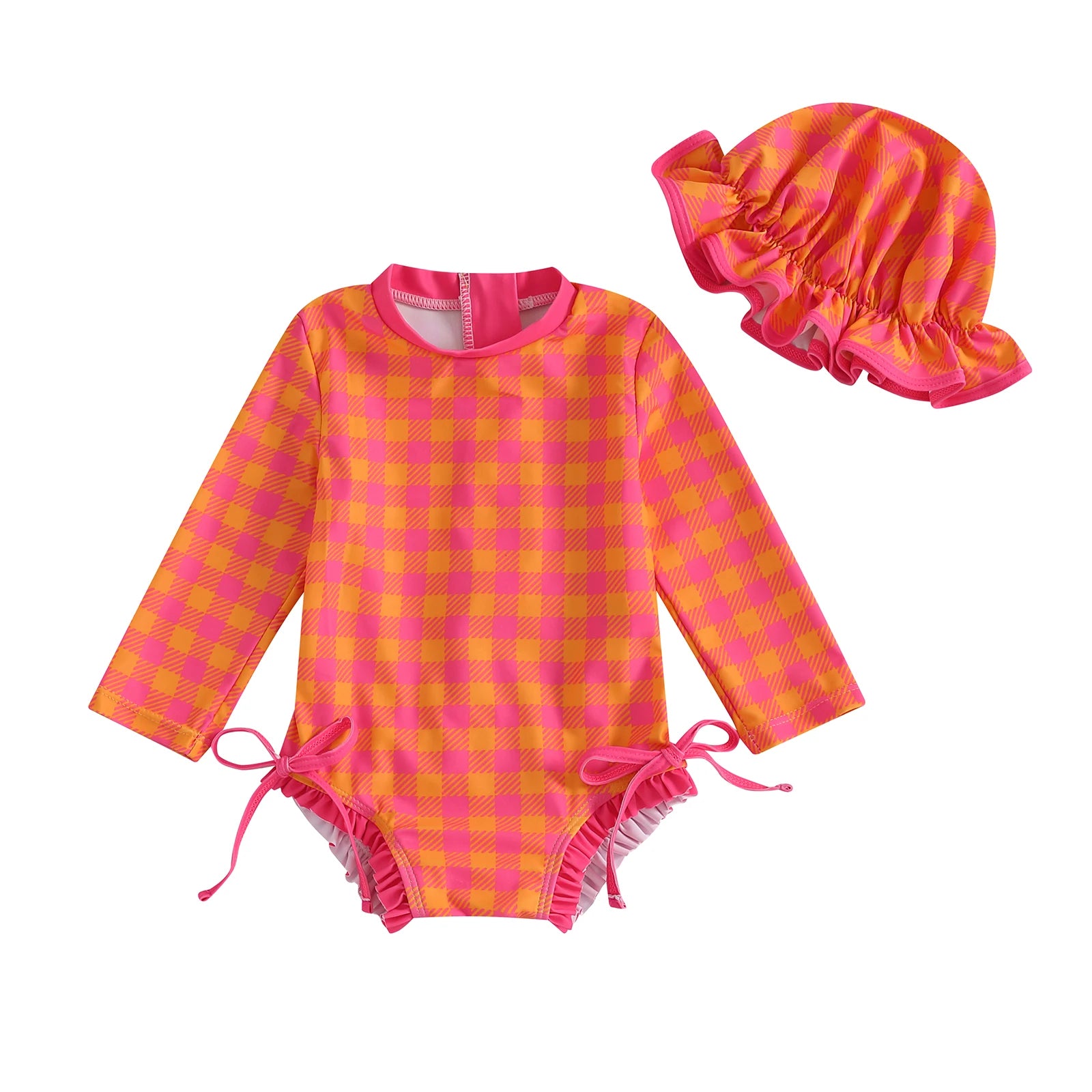 Baby girl rash guard swimsuit with matching swim cap, featuring colorful patterns and sun protection for young swimmers.
