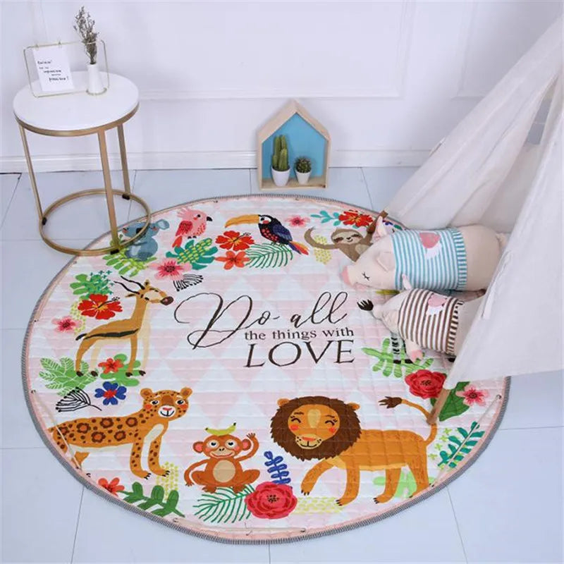Round kids room carpet featuring Nordic animal design, 150cm diameter, soft play mat from Baby Bubble for children's rooms.