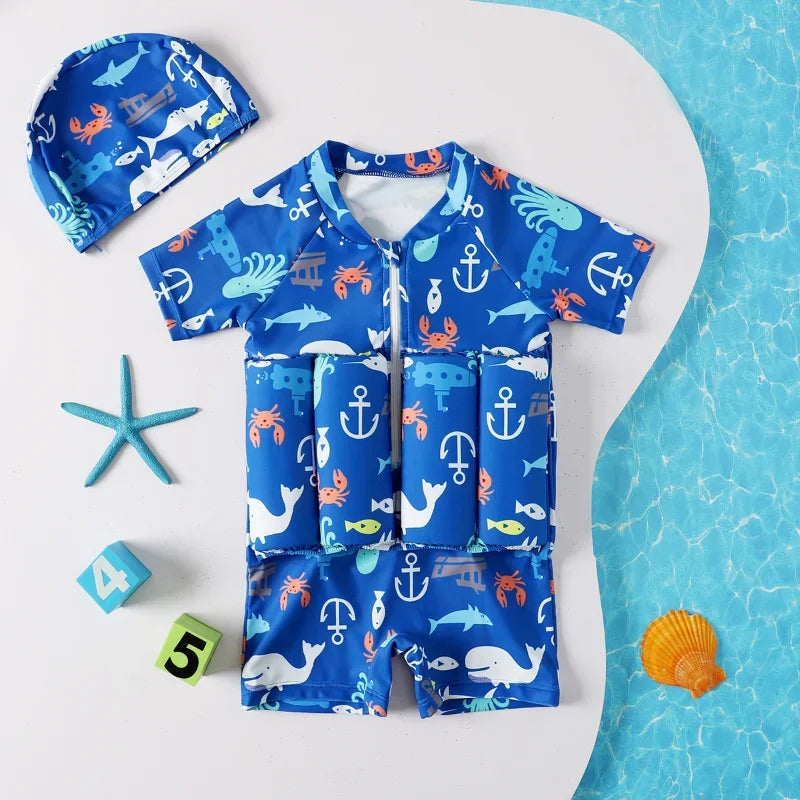 Kids buoyancy swimsuit by Baby Bubble featuring a colorful cartoon float design, designed for safe swimming and water play.