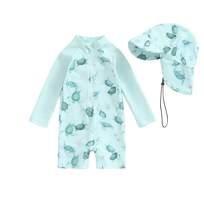 Baby boys rash guard set with turtle and dinosaur prints by Baby Bubble, featuring colorful, UV-protective swimwear for infants.