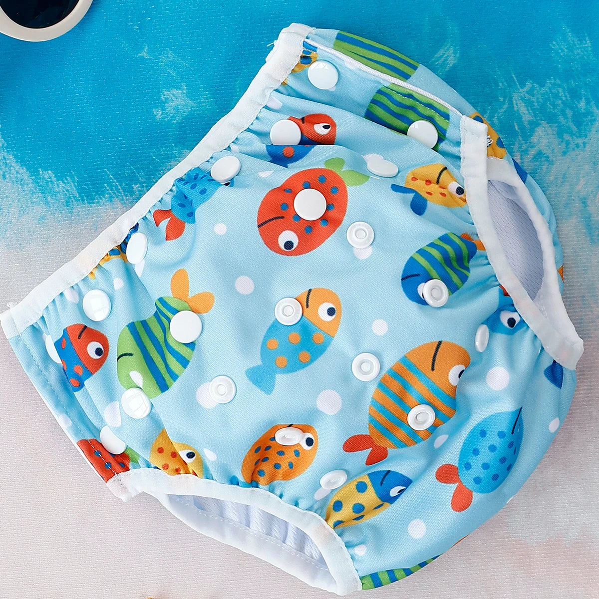 Baby Bubble washable baby swim diapers with adjustable fit, shown in a soft, waterproof fabric suitable for swimming and bath time.