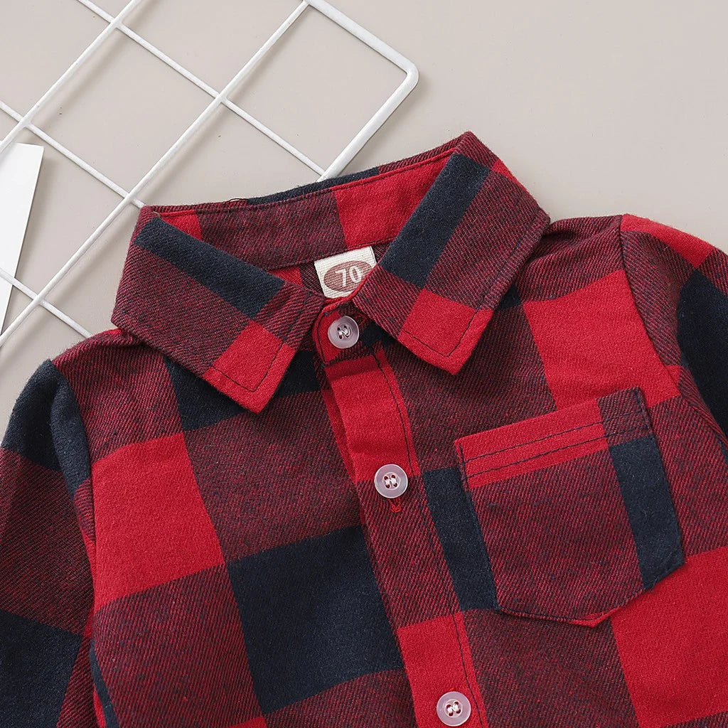 Baby Bubble newborn boy bodysuit with plaid long sleeves, lapel shirt romper, perfect for 0-18 months toddler boy fashion.