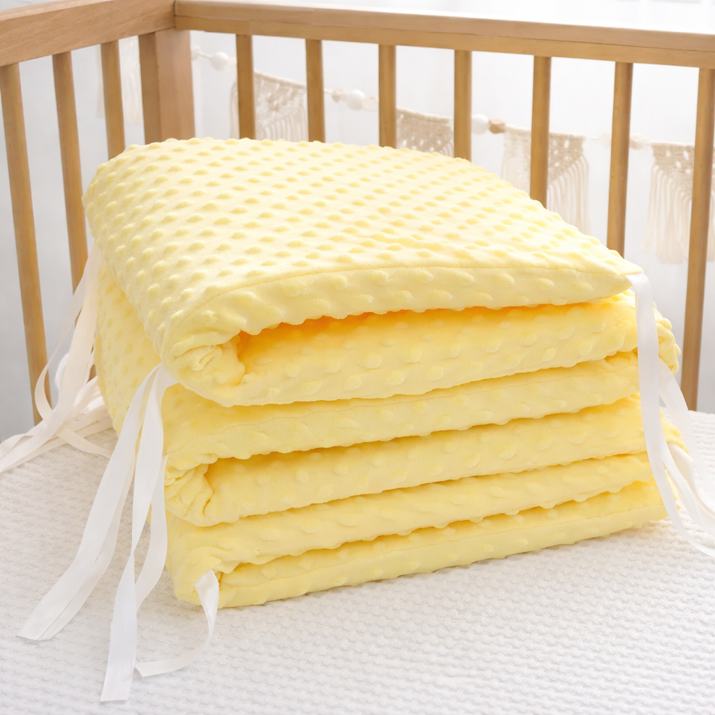 Soft yellow CozyGuard™ baby crib cushions from Baby Bubble, neatly stacked to showcase plush, protective bumpers for infants.