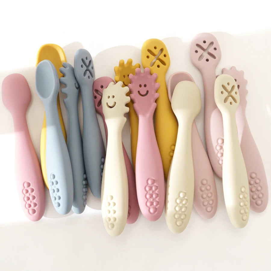 Baby Bubble silicone spoon set with three colorful, safe feeding spoons for babies and toddlers, ideal for weaning and meal times.