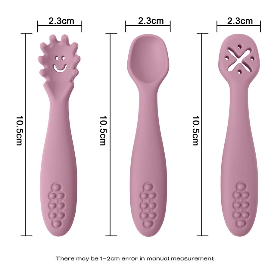 Baby Bubble silicone spoon set for safe feeding and weaning, featuring three cute, durable toddler spoons with soft handles.