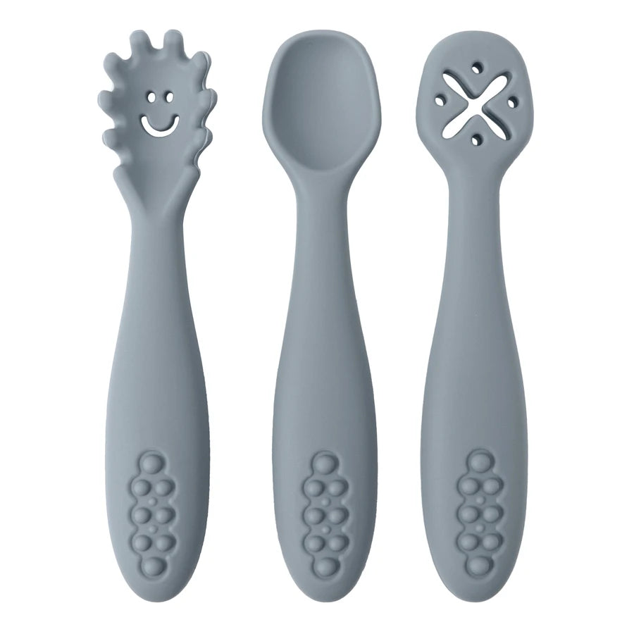 Baby Bubble silicone spoon set with three colorful baby feeding spoons for safe weaning and toddler feeding.