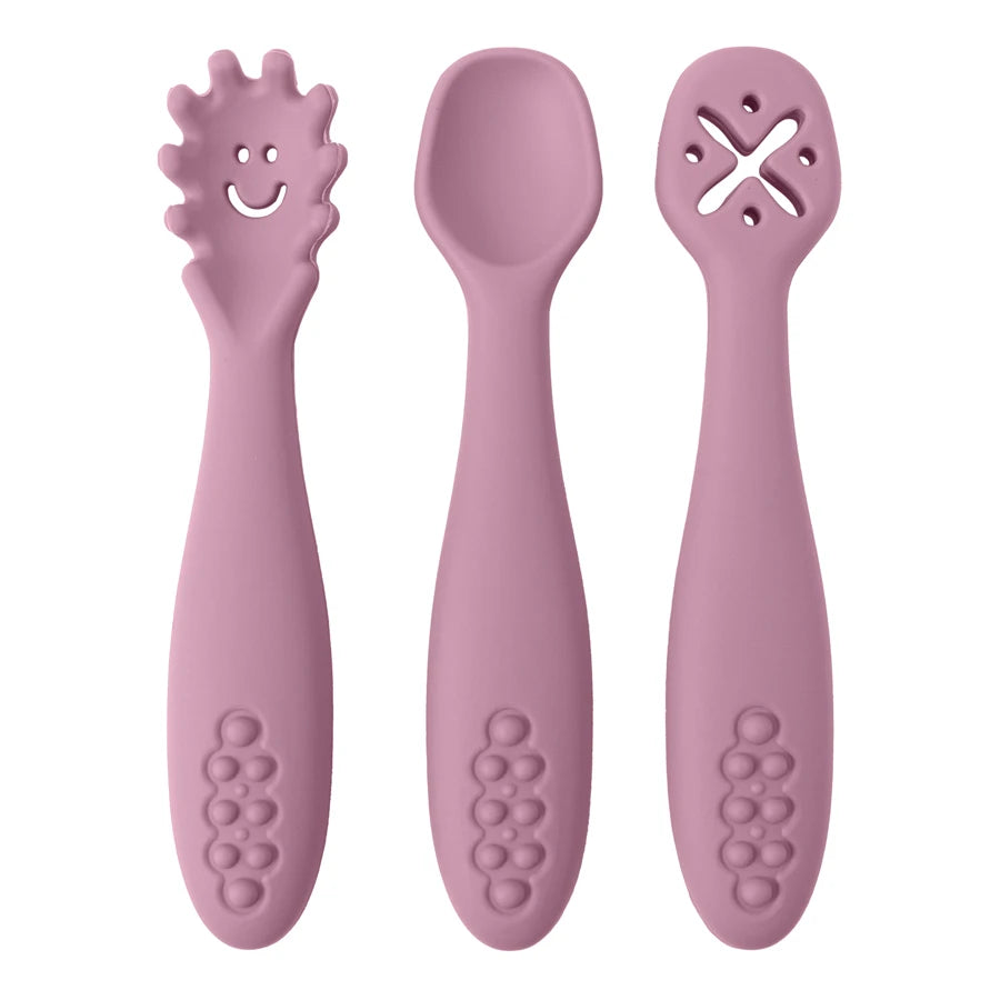 Baby Bubble silicone baby spoon set with three colorful utensils for safe feeding and weaning, ideal for newborns and toddlers.