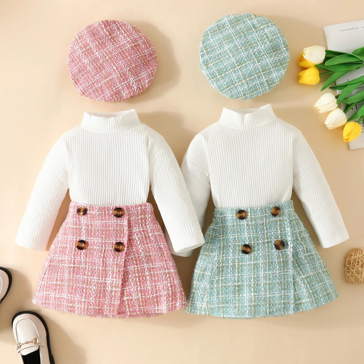 ma&baby 6M - 3Y Toddler Infant Newborn Baby Girls Clothes Sets Knit Long Sleeve Tops Plaid Skrits Hat Fall Spring Outfits D05 - Baby Bubble Store