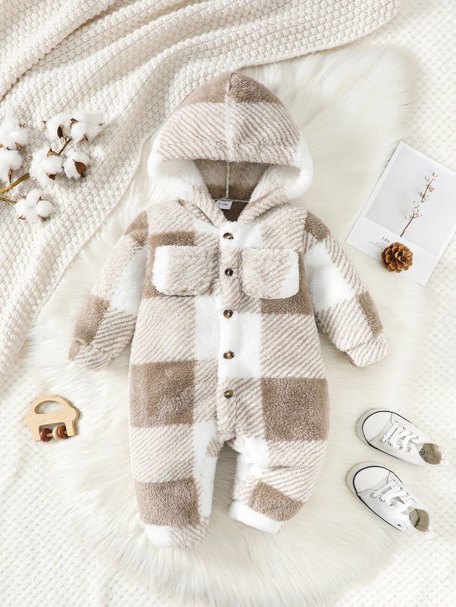 Baby Plaid Fluffy Fleece Long - sleeve Romper - Baby Bubble