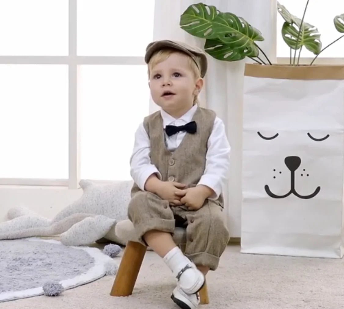 Newborn Baby Boy Formal Suit Party Birthday Wedding Toddler Boys Outfit Jumpsuit+Waistcoat+Beret+Bowtie+Suspender 0 - 3 Months - Baby Bubble Store