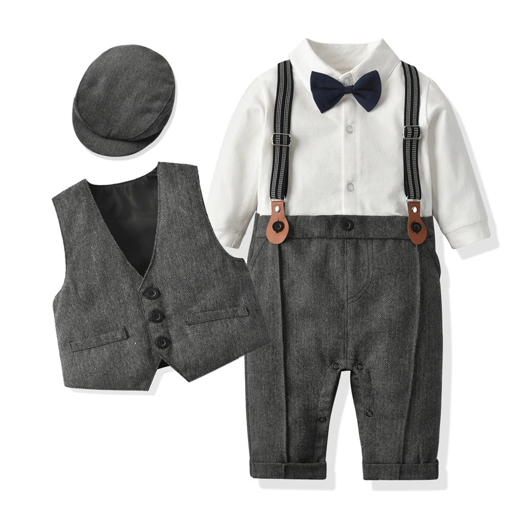 Newborn Baby Boy Formal Suit Party Birthday Wedding Toddler Boys Outfit Jumpsuit+Waistcoat+Beret+Bowtie+Suspender 0 - 3 Months - Baby Bubble Store